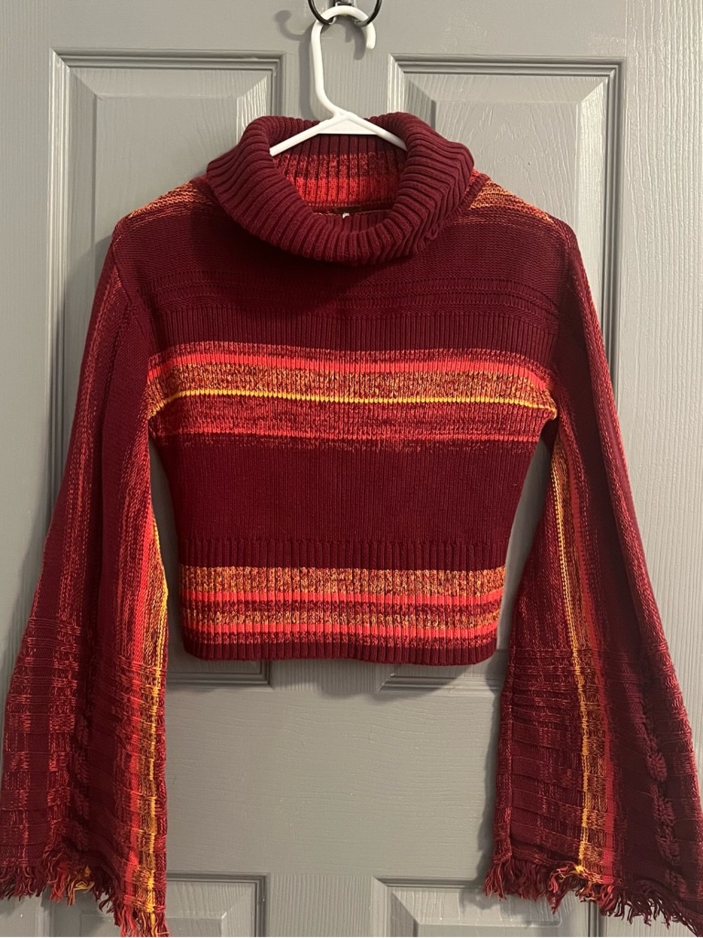 Free People Close To Me Cropped Maroon Turtleneck Sweater Striped Retro Boho